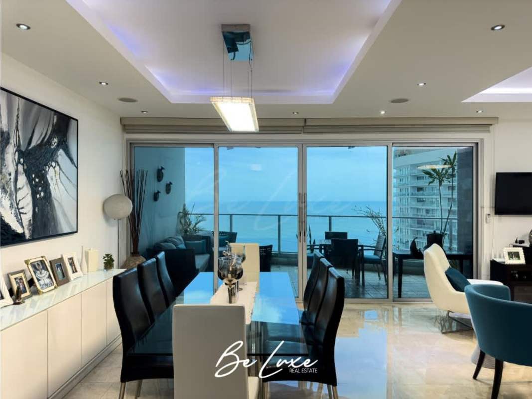 Large balcony with panoramic Pacific Ocean and city views at PH Pacific Village Punta Pacífica Panama