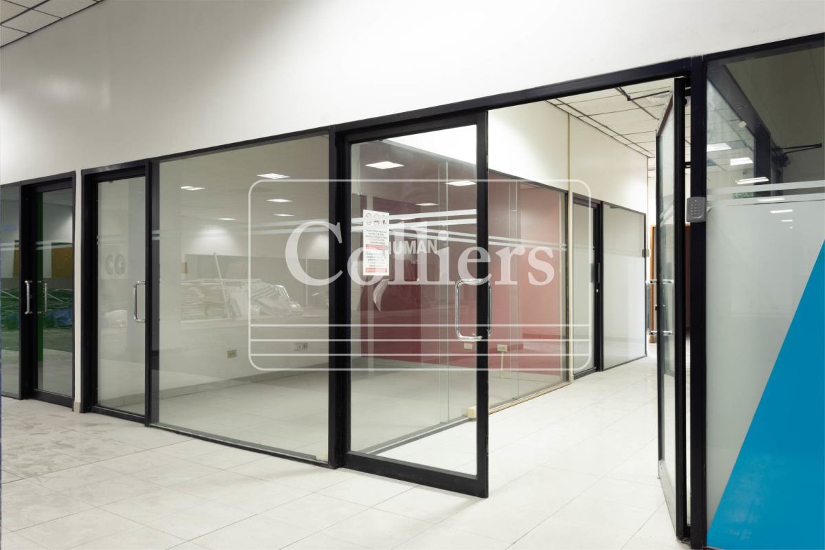 Interior view empty commercial office floor with glass dividers and blue accents in Chanis Panama