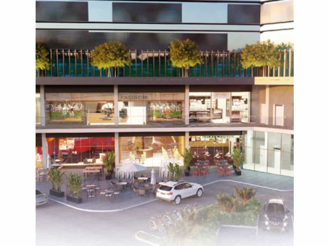 Modern commercial retail plaza exterior at PH Generation Tower Costa del Este Panama