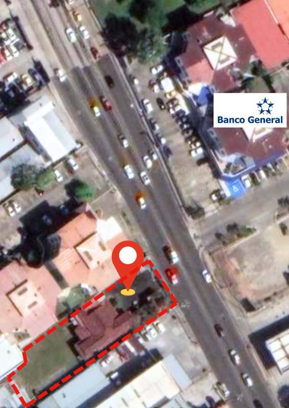 Aerial photo showing red boundary of commercial property on Via Cincuentenario near Banco General Panama City
