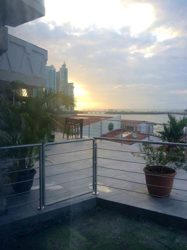 Balcony overlooking the sea and Punta Paitilla skyline from luxury apartment in PH Camino Real