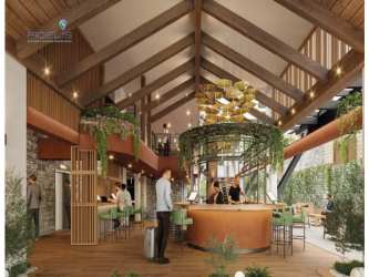 Modern rustic lobby with wood beams skylights hanging plants and reception desk at Pinoalto in Boquete Panama