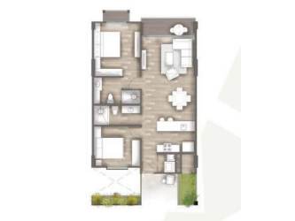 2 bedroom 2 bath apartment floor plan with open living area and balcony at Pinoalto in Boquete Highlands