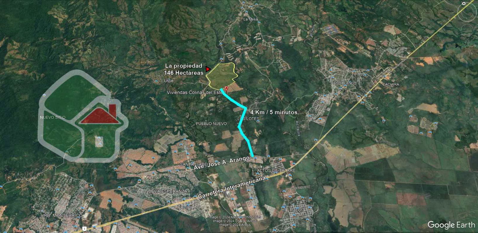 Labeled satellite map of large land parcel near Panama City suitable for mixed development
