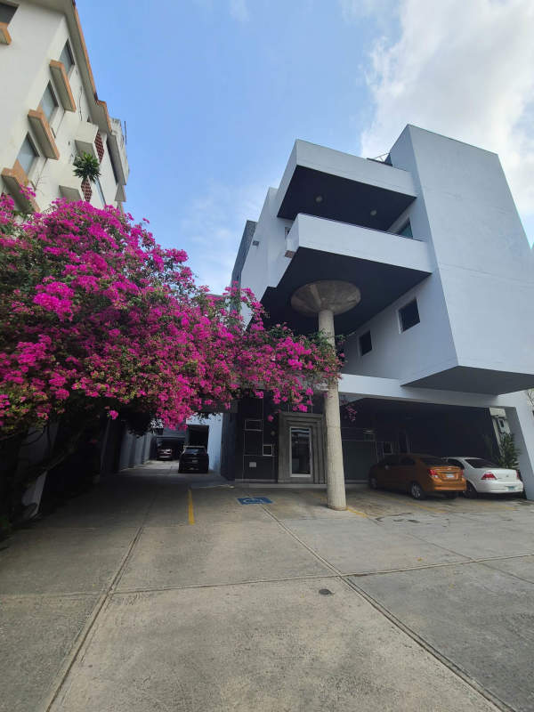 Multi-story commercial building with vibrant bougainvillea, covered parking in San Francisco Panama