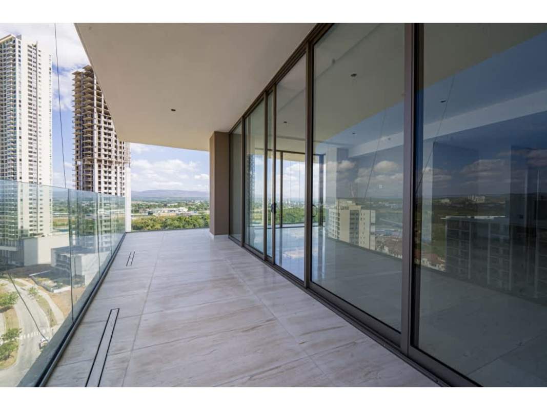 Modern glass balcony with panoramic views of Panama skyline La Maison by Fendi Casa