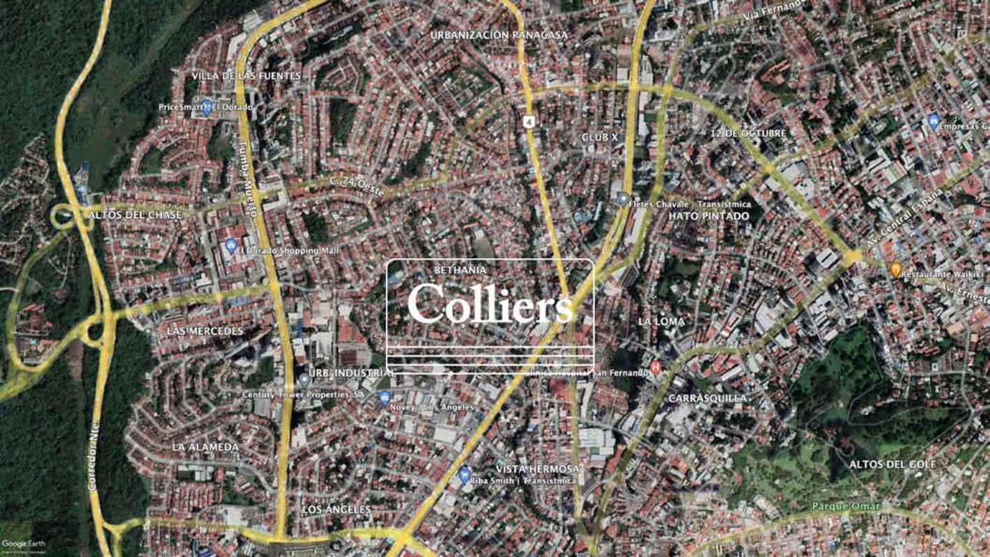 Satellite city map showing location of Plaza Novey Los Angeles along Vía Transístmica Panama City