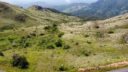 Paved road with power lines by hilly mountain land in Cerro Campana Panama