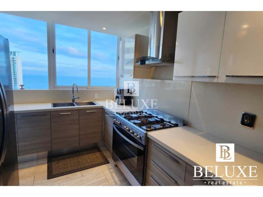 Contemporary kitchen with ocean view, stainless appliances in furnished apartment Costa del Este
