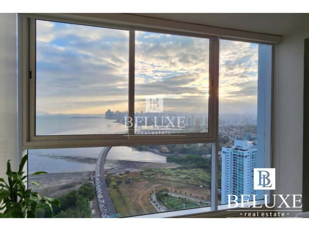 Furnished master bedroom with floor-to-ceiling window, ocean view Costa del Este Panama