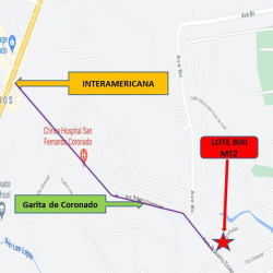 Map highlighting route to Coronado 800m2 residential lot near beach and golf course