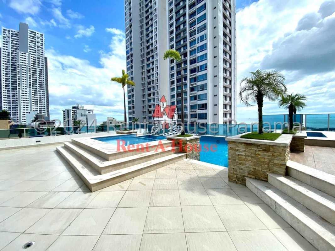 Rooftop infinity pool jacuzzi overlooking Pacific Ocean and skyline PH Waterfalls Panama