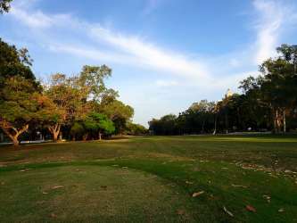 Expansive grassy area with mature trees overlooking Coronado golf course in Panama beach community