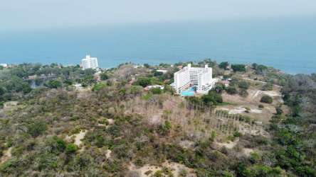 Aerial panoramic of tropical vegetation with ocean backdrop in Boca Corona San Carlos Panama