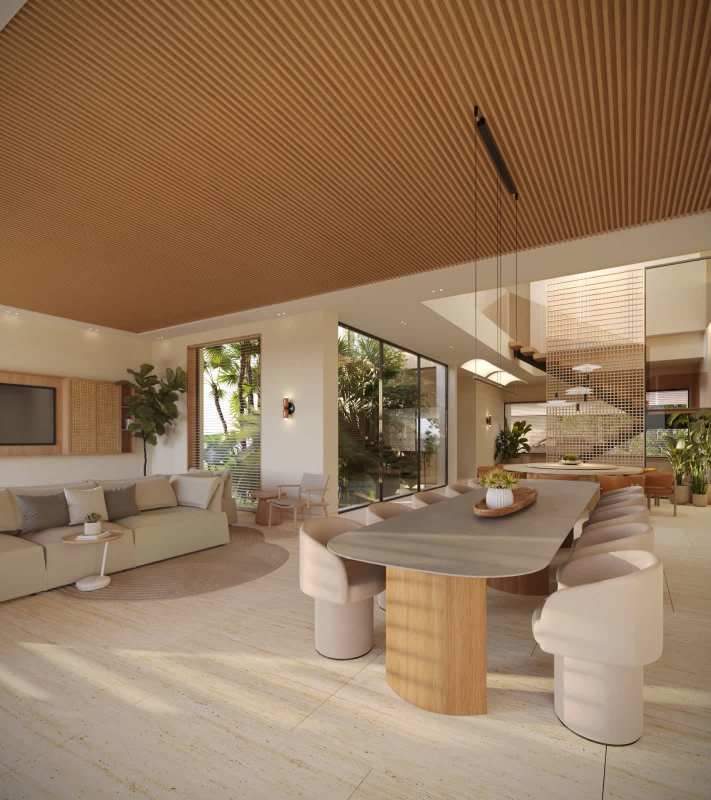 Modern open layout living dining with floor-to-ceiling windows and wood accents in Peninsula Estates Santa Maria