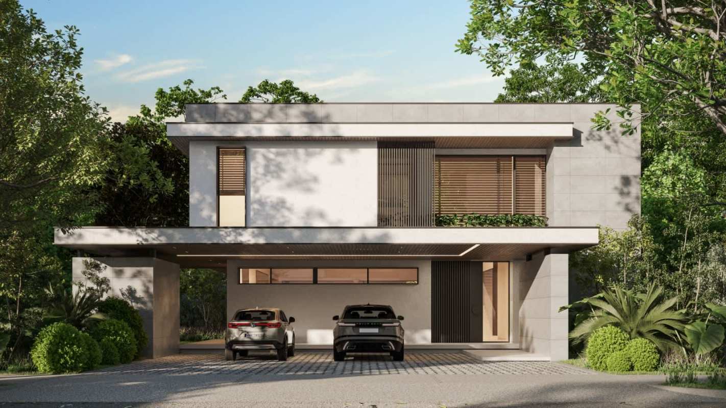 Luxury mansion with covered parking and landscape designed minimal facade at Peninsula Estates Panama