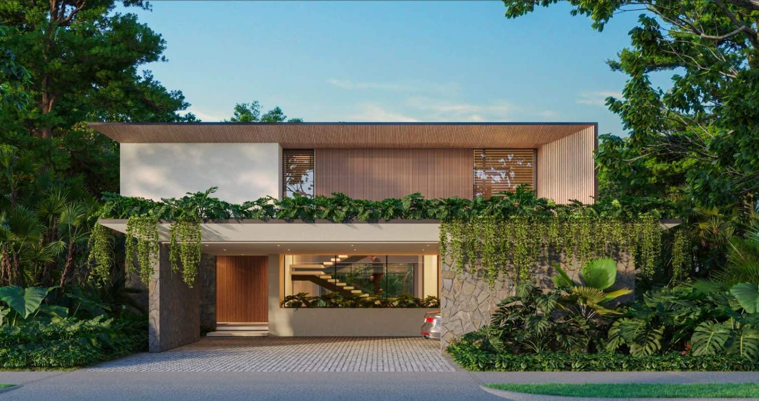 Tropical modern facade with wood paneling, stone accents lush landscape in Peninsula Estates Santa Maria