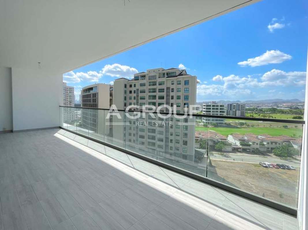 Modern luxury kitchen with island, contemporary cabinetry and marble floors in PH Empire Residences Santa Maria Panama