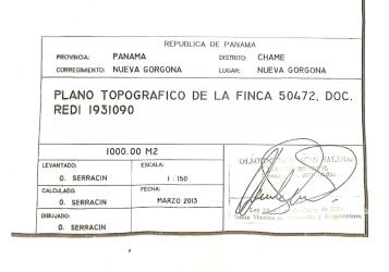 Detailed lot topographic survey showing boundaries, measurements in Playa Malibu, Panama