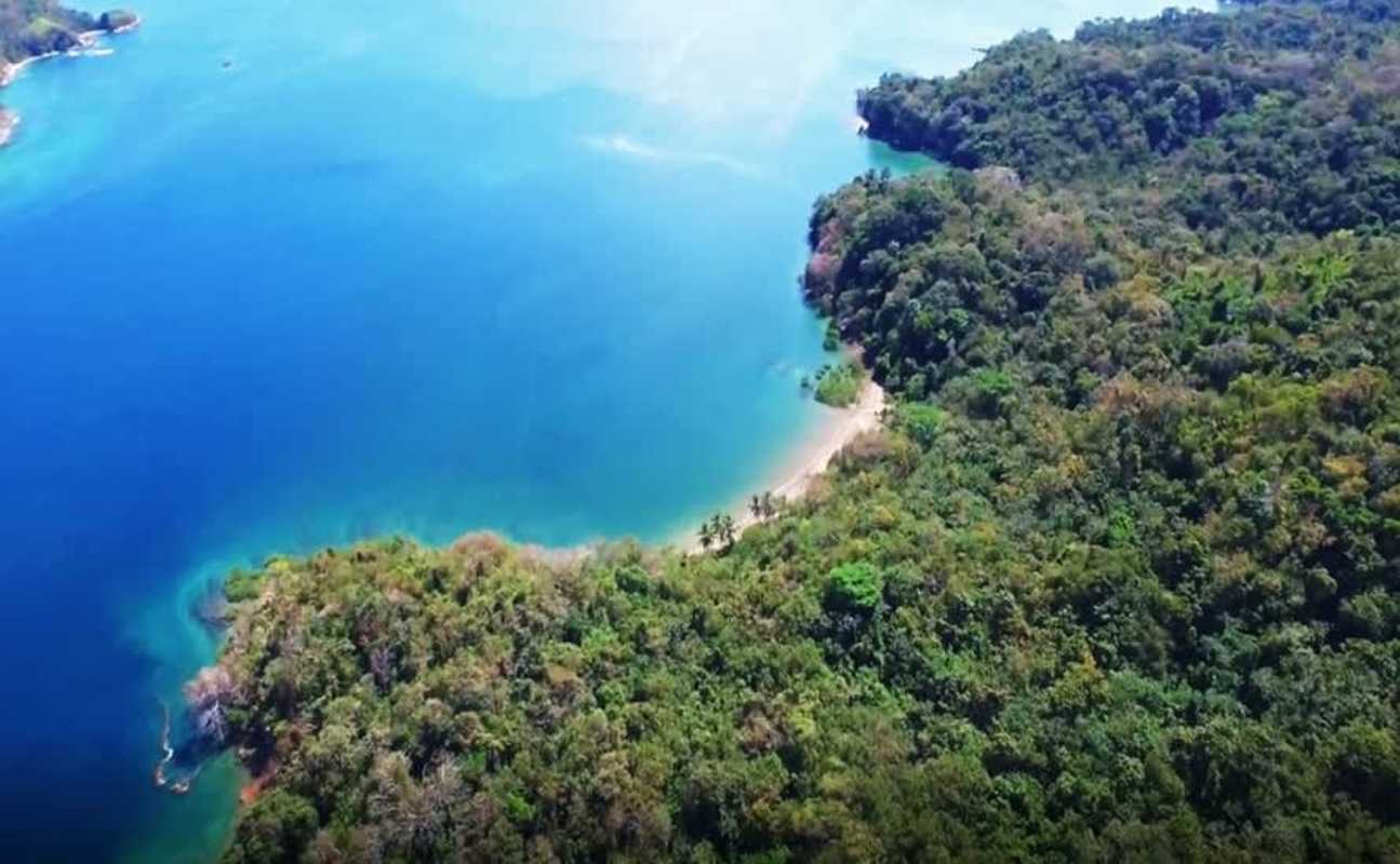 Secluded turquoise water beach lush vegetation boat access Las Perlas Panama