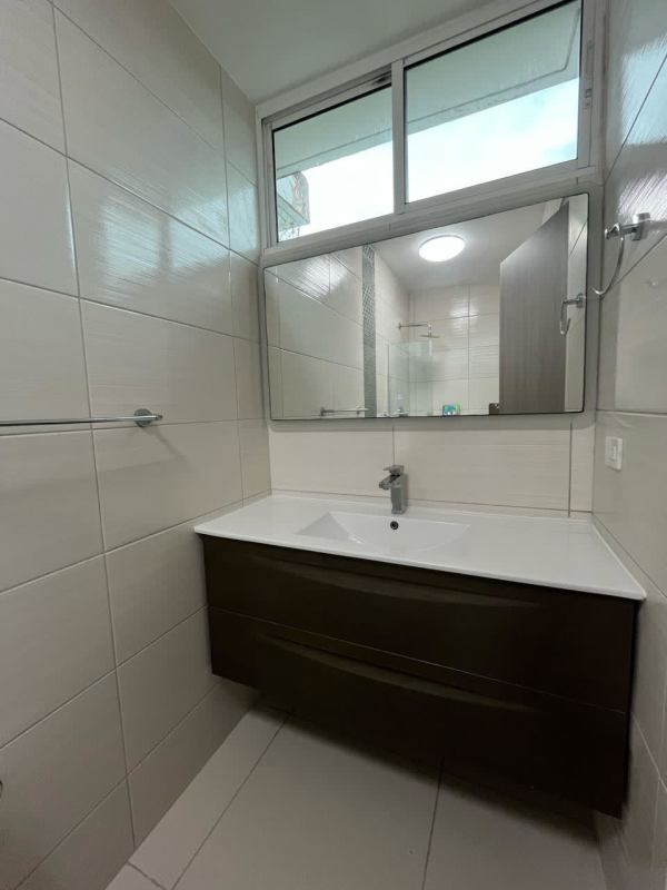 Modern bathroom beige tiles wall mirror floating vanity PH Forest Gate Panama