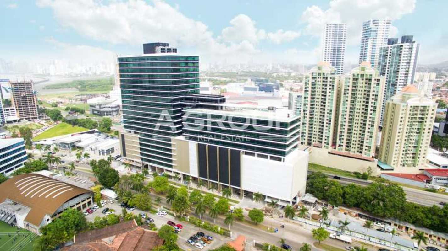 Aerial view of Costa del Este with modern high-rise office towers and glass facades in Panama City