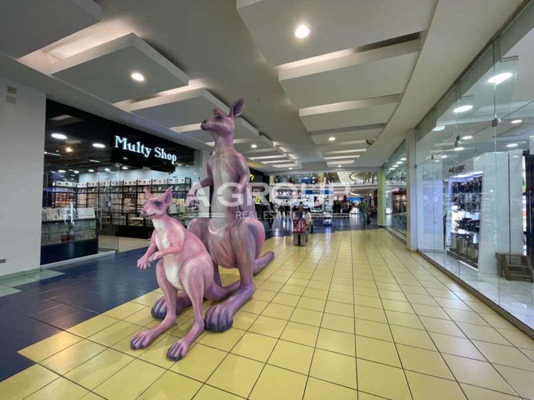 Colorful indoor corridor with pink kangaroo statues and multiple storefronts in Albrook Mall, Panama