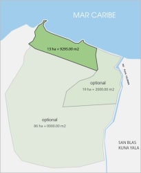 Golden sandy beach fringed by palm trees on beachfront land in San Blas Panama Caribbean