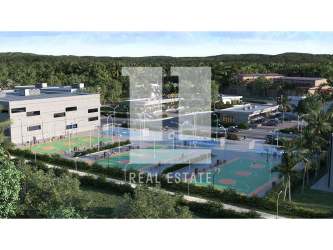 Modern warehouses and offices, wide streets, palm trees in David Chiriquí industrial area