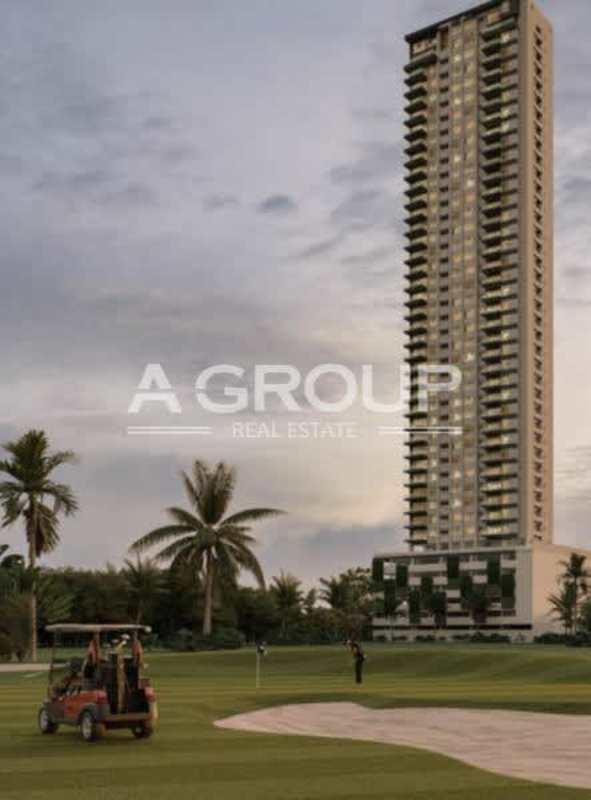 Penthouse kitchen with marble island and gold accents in Celeste Santa Maria tower Panama City