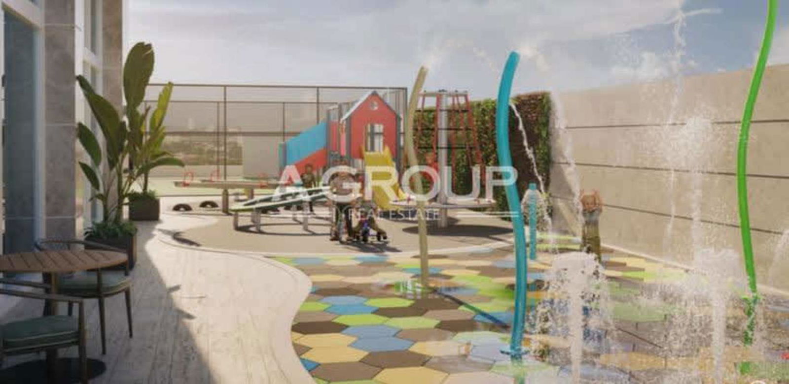 Outdoor children’s play area and water splash zone at Celeste tower Santa Maria Panama