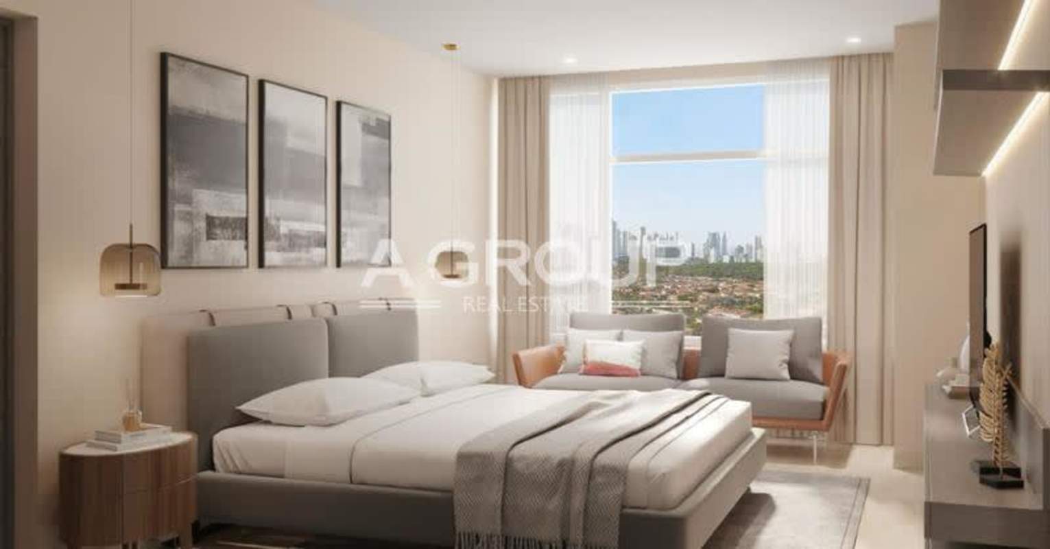 Modern penthouse master bedroom with city views and minimalist design in Celeste Santa Maria Panama