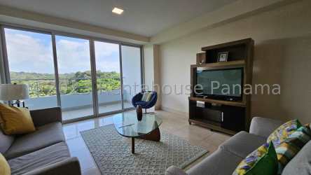 Contemporary living room with access to private oceanview balcony at PH Casa Bonita Playa Bonita Panama