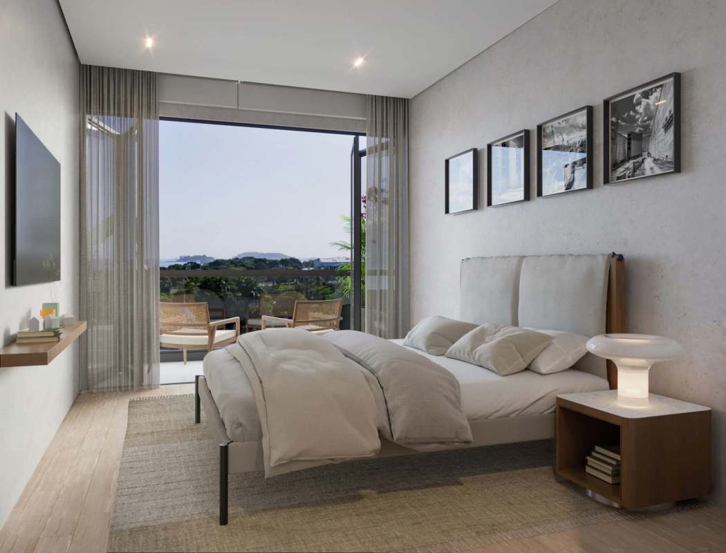 Contemporary bedroom with balcony natural light and ocean views Passage Residences Amador Causeway Panama City