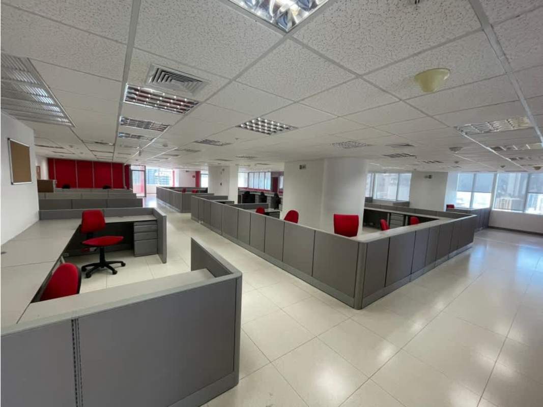 Private workspace with built-in furniture, panoramic windows overlooking Panama skyline, Oceania Plaza