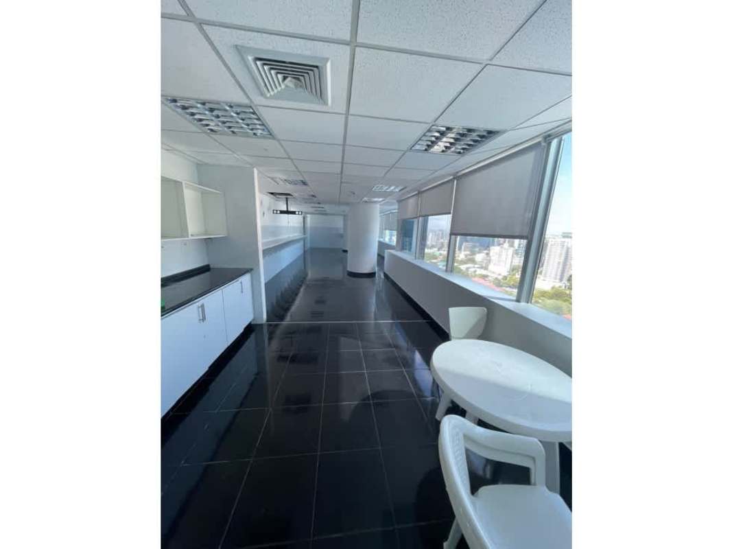 Modern kitchenette and staff break area with panoramic windows oceania business plaza panama