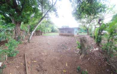 Garden view lot with dirt yard, mature shade trees, rustic fencing in rural Panama