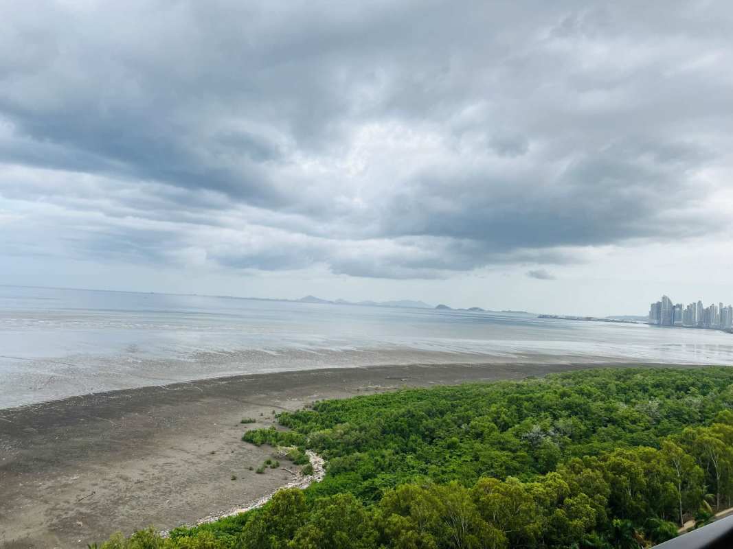 Contemporary bathroom with double sink vanity, granite countertop, jacuzzi tub, glass-enclosed shower in Costa del Este Panama