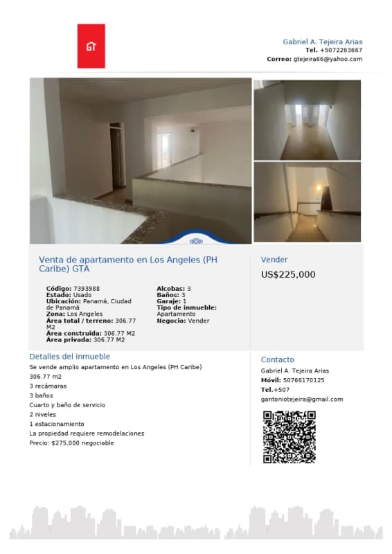 Interior views of two-level apartment with tile flooring and white walls in PH Caribe Panama City