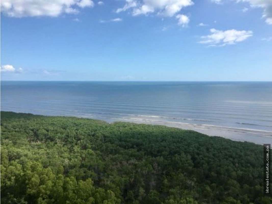 Aerial view of Costa del Este coastline, ocean, and forest with PH Zeus building in Panama City