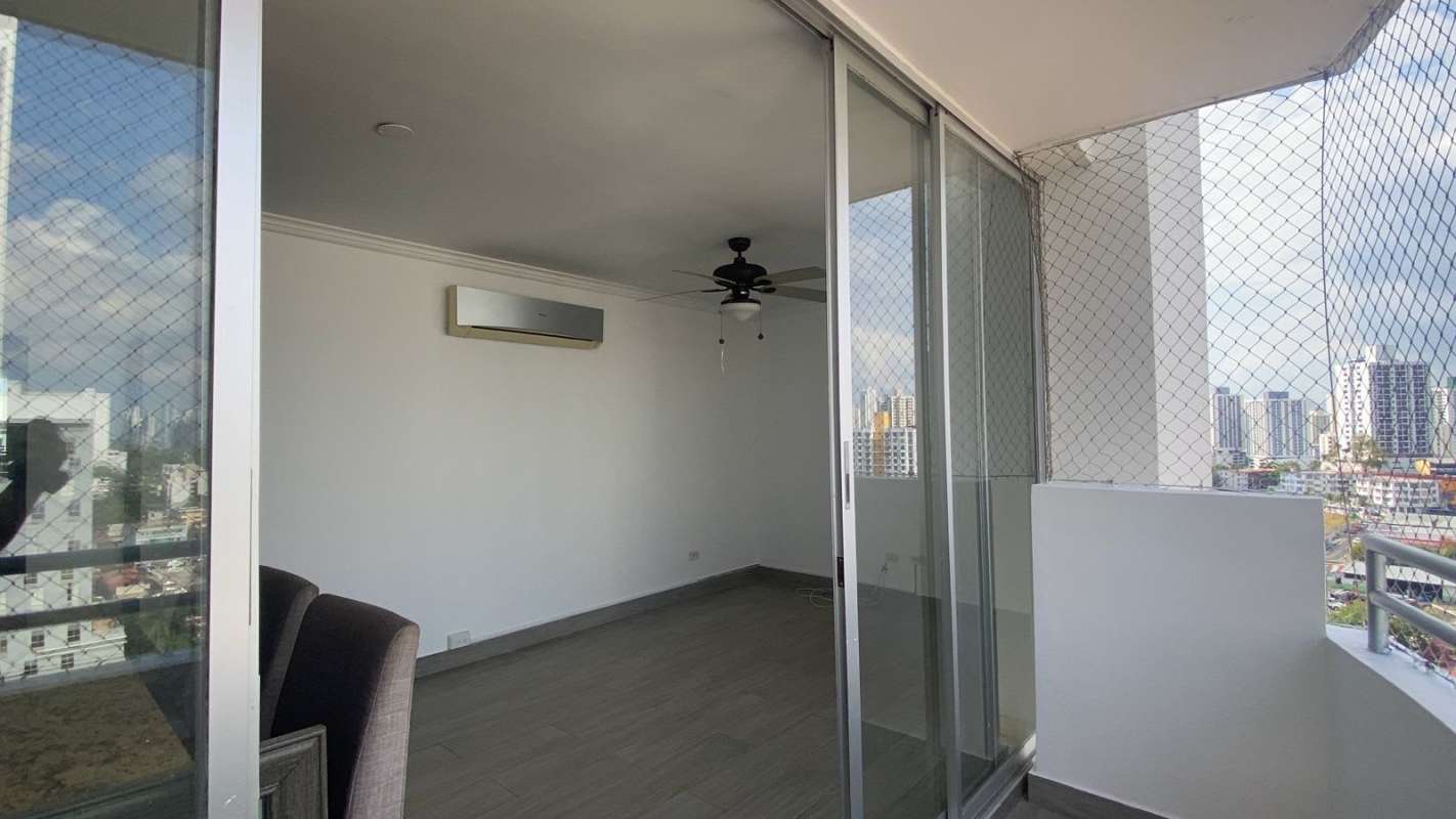 Enclosed balcony terrace with glass doors, protect mesh, city view PH Montemar Panama