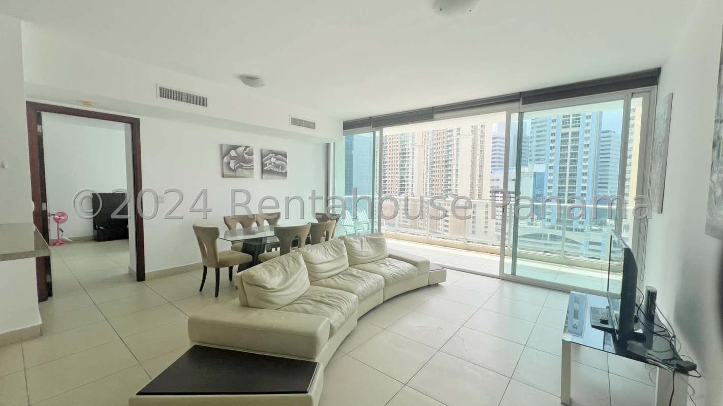 Spacious living room with city views in PH Dupont luxury apartment Punta Pacífica Panama