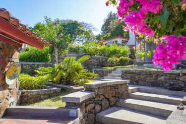 Spacious rustic living area with wood ceiling and fireplace overlooking mountain views in Sora Panama