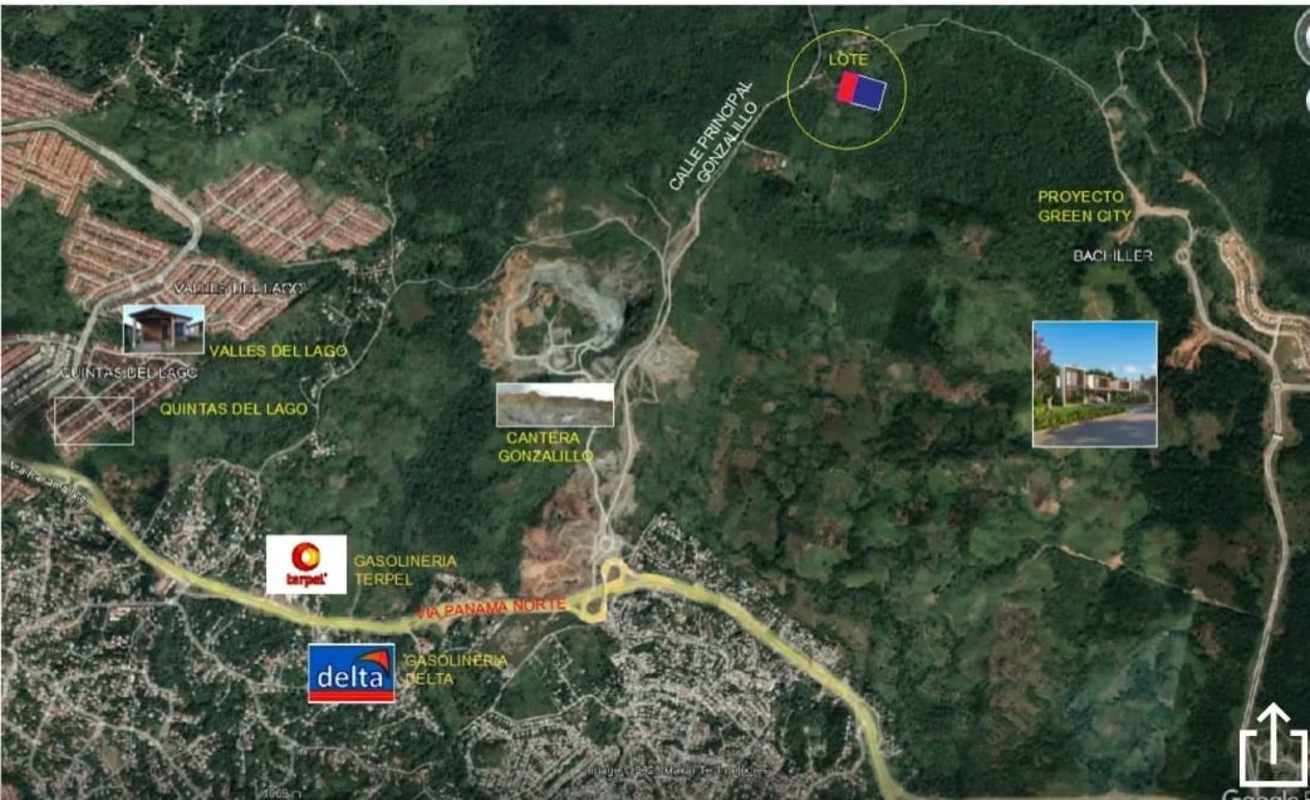 Aerial satellite view of large land plot near Vía Gonzalillo and Panama Norte expansion zone