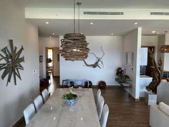 Aerial view of secluded white sand beach with palm trees and turquoise water at Playa Escondida Colon Panama