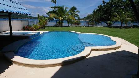 Backyard with blue pool, jacuzzi, lawn, palms, ocean view in Ciudad de Colón