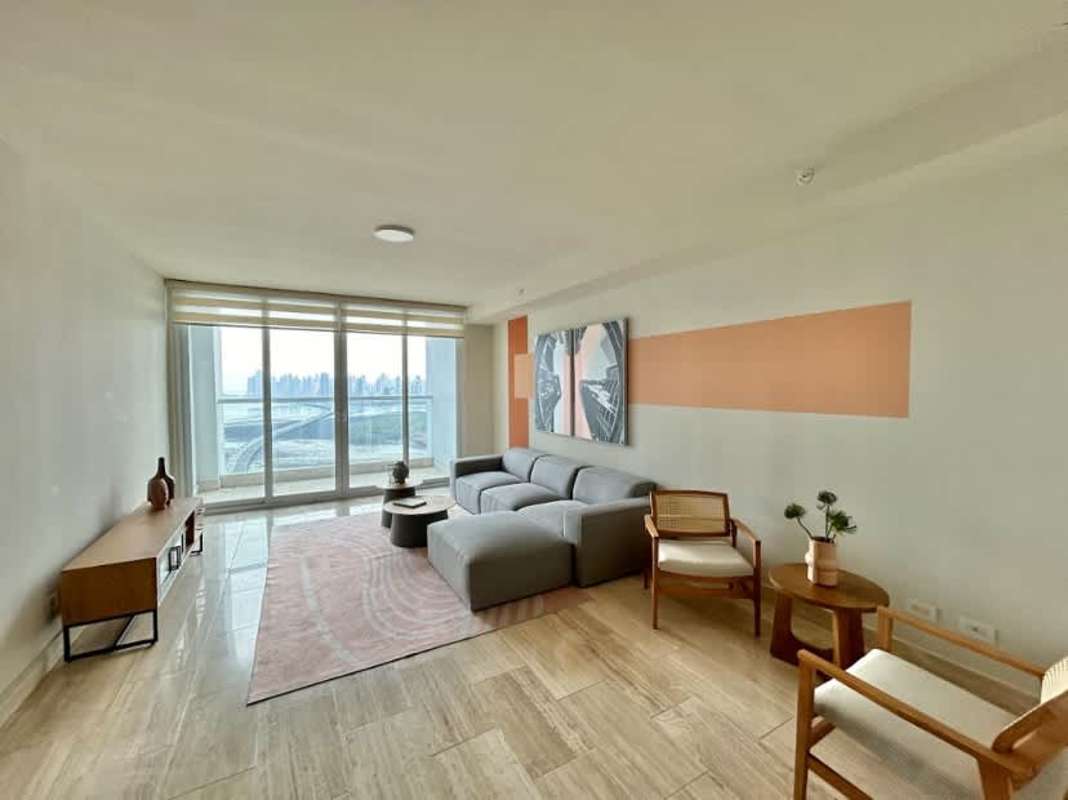 Modern bright living room with ocean and city views PH The Regent Costa del Este Panama for sale