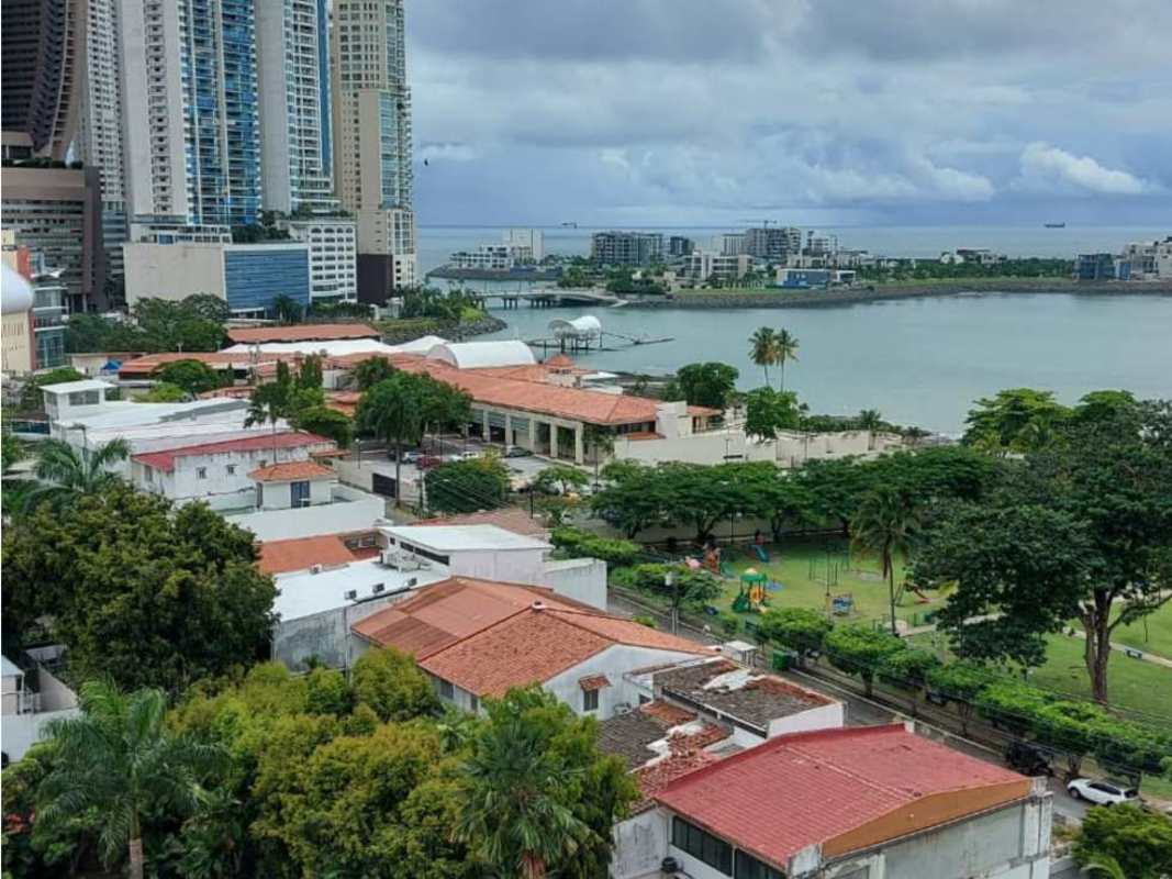 Aerial of Punta Paitilla bayfront skyline parks high-rises Panama City PH Tiffany area