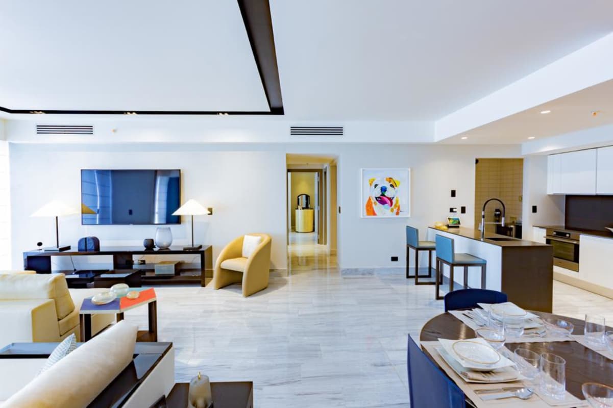 Open living dining area with ocean views in Nuovo Armani Bella Vista Panama