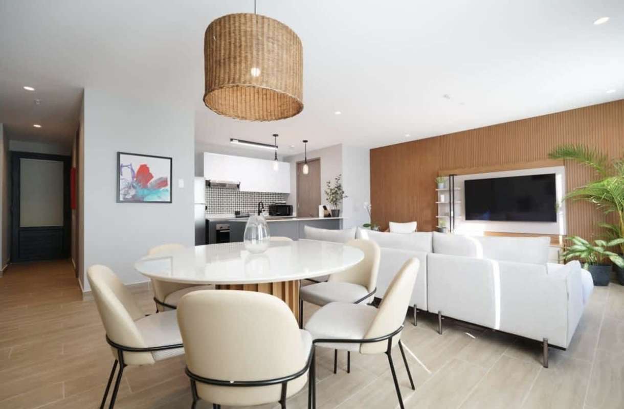 Minimalist bathroom with contemporary fixtures in Casco Viejo Panama apartment